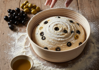 découvrez comment préparer un délicieux pain aux olives maison en utilisant un banneton pour une pâte parfaitement façonnée et une croûte croustillante.