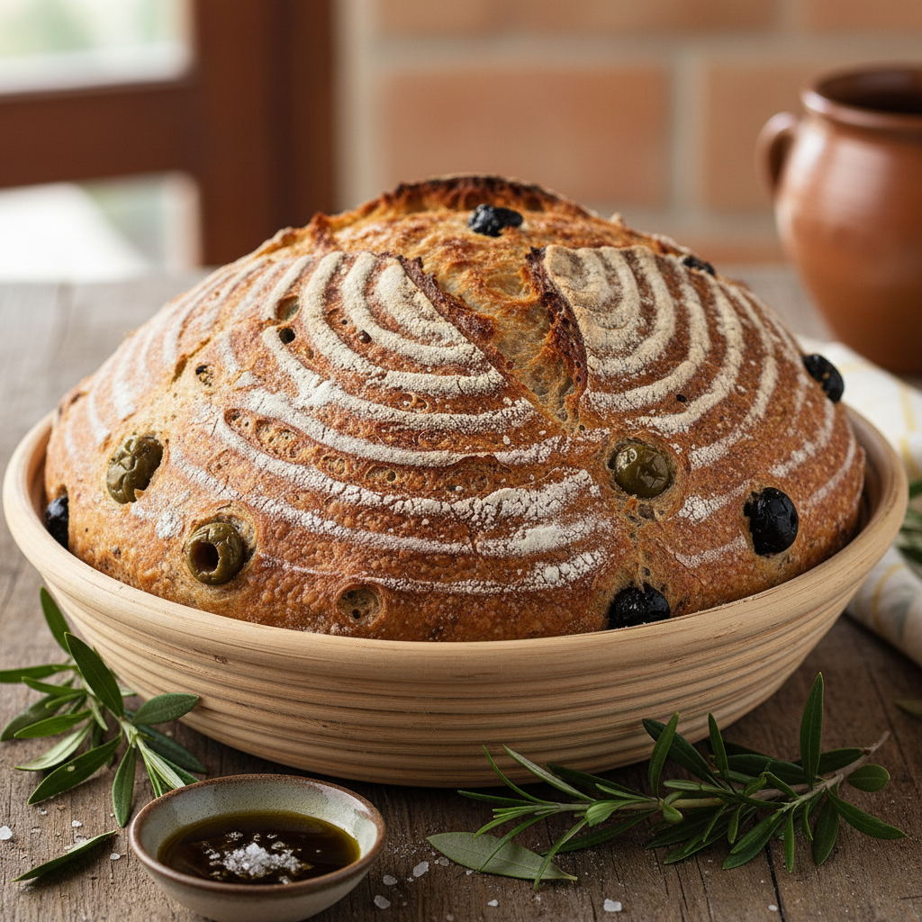 découvrez comment préparer un délicieux pain aux olives moelleux et savoureux en utilisant un banneton pour une forme parfaite et une croûte croustillante.